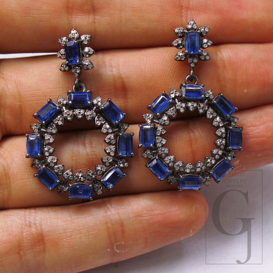 Beautiful Blue Kyanite Earring 925 Sterling Silver Pave Diamond Handmade Earring Rose Cut Pave Diamond Jewelry Earring