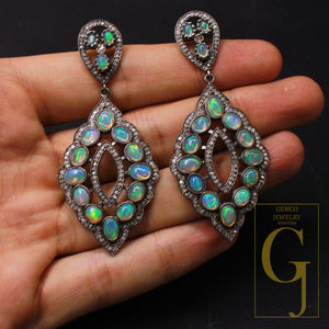 Very Beautiful Opal Earrings 925 Sterling Silver Pave Rose Cut Diamond Earrings Light Weight Earrings With Very Beautiful Handmade Finish