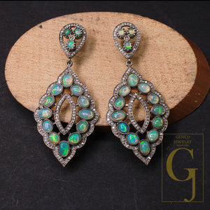 Very Beautiful Opal Earrings 925 Sterling Silver Pave Rose Cut Diamond Earrings Light Weight Earrings With Very Beautiful Handmade Finish