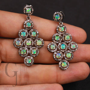 Ethiopian opal stone earrings, antique look sterling silver Beautifully made designed natural rosecut diamonds pave setting jewelry earring