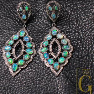 Very Beautiful Opal Earrings 925 Sterling Silver Pave Rose Cut Diamond Earrings Light Weight Earrings With Very Beautiful Handmade Finish