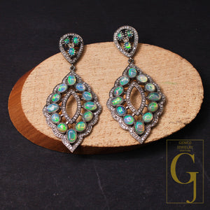 Very Beautiful Opal Earrings 925 Sterling Silver Pave Rose Cut Diamond Earrings Light Weight Earrings With Very Beautiful Handmade Finish