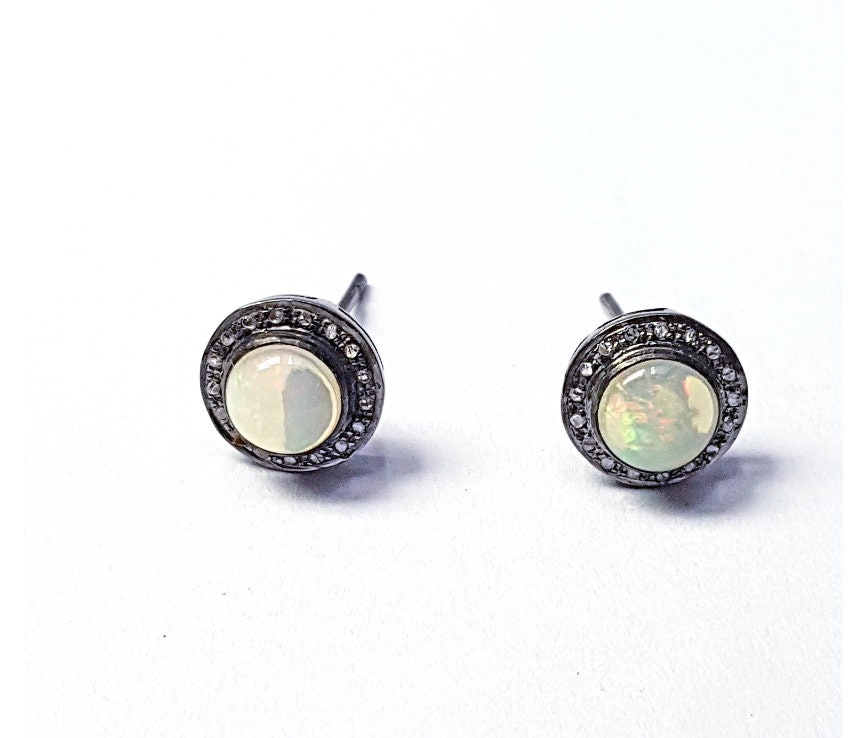 Pave rosecut diamond 925 sterling silver handmade very beautiful natural stone opal and diamond pave stud earrings