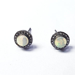 Pave rosecut diamond 925 sterling silver handmade very beautiful natural stone opal and diamond pave stud earrings