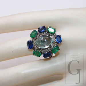 Lovely Aquamarine Ring Designer Rosecut Pave Diamond Rings Sterling Silver Handmade Silver Finish Diamond Emerald Ring Kyanite Jewelry