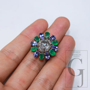 Aquamarine Emerald And Tanzanite Ring Designer Rosecut Pave Diamond Rings 925 Sterling Silver Handmade Silver Finish Diamond Ring Jewelry