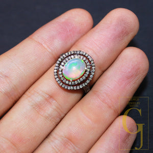 1pc Antique look designer natural fire opal ring Rosecut pave diamond rings 925 sterling silver handmade silver finish diamond ring jewelry