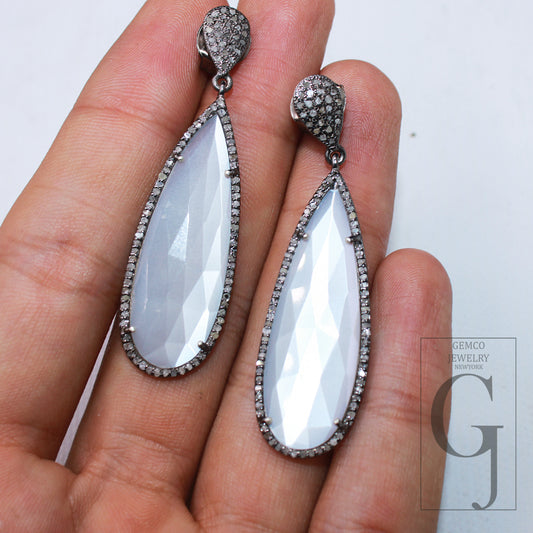 1 Pair Moonstone Dangling earrings Designer Earring Rosecut Pave Diamond Earrings 925 Sterling Silver Handmade Silver Finish Diamond Earring