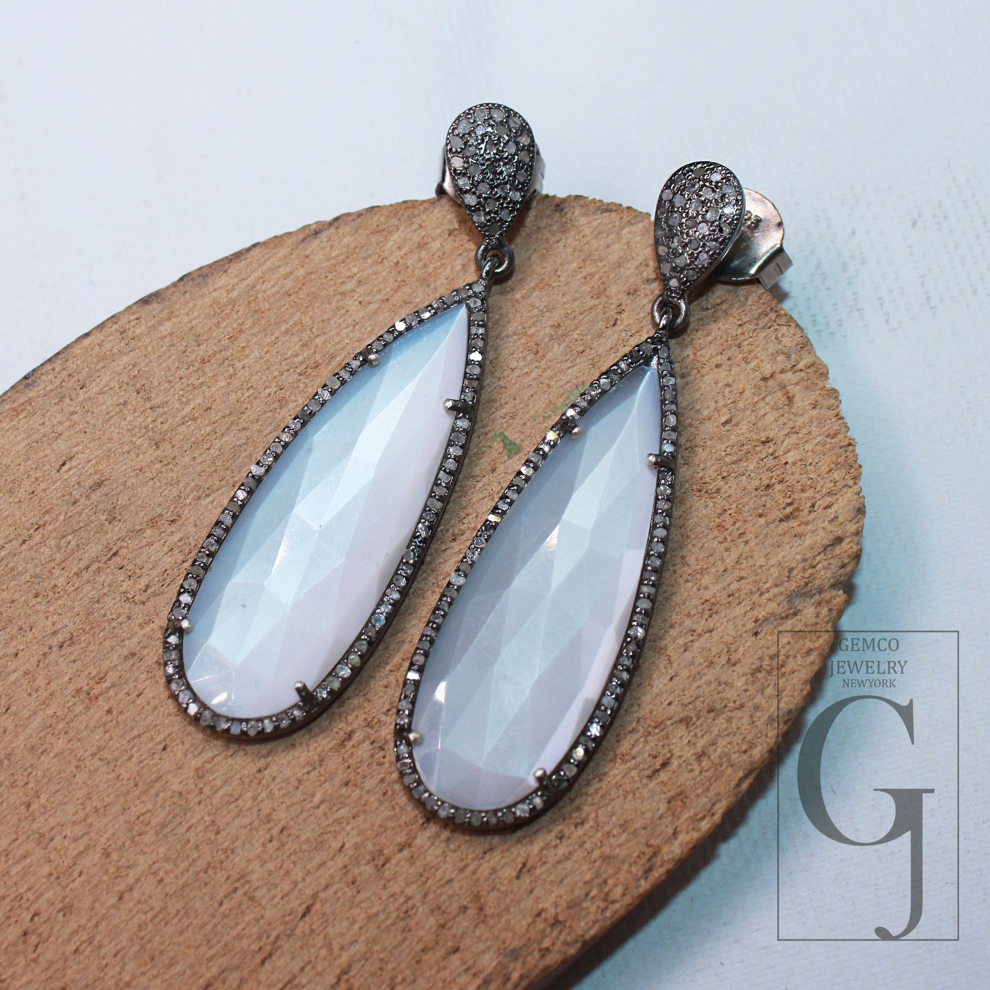 1 Pair Moonstone Dangling earrings Designer Earring Rosecut Pave Diamond Earrings 925 Sterling Silver Handmade Silver Finish Diamond Earring