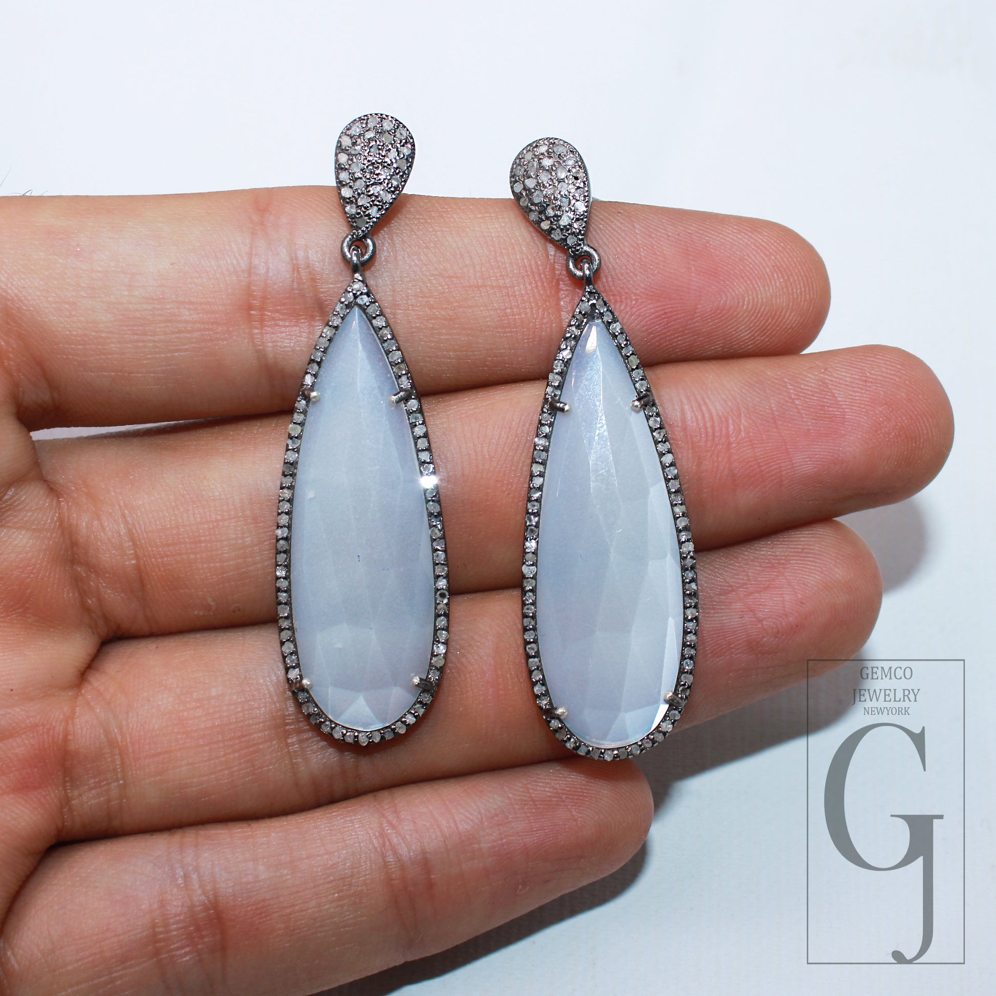 1 Pair Moonstone Dangling earrings Designer Earring Rosecut Pave Diamond Earrings 925 Sterling Silver Handmade Silver Finish Diamond Earring