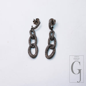 Oxidized Finish Link Earring Designer Earring Rosecut Pave Diamond Earrings Sterling Silver Handmade Silver Finish Diamond Earring Jewelry