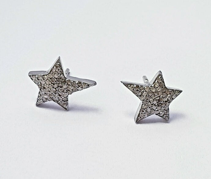 Beautiful Design Rosecut Pave Diamond Stud Earrings 925 Sterling Silver Handmade Silver Finish Star Shaped Designer Diamond Stud Earrings