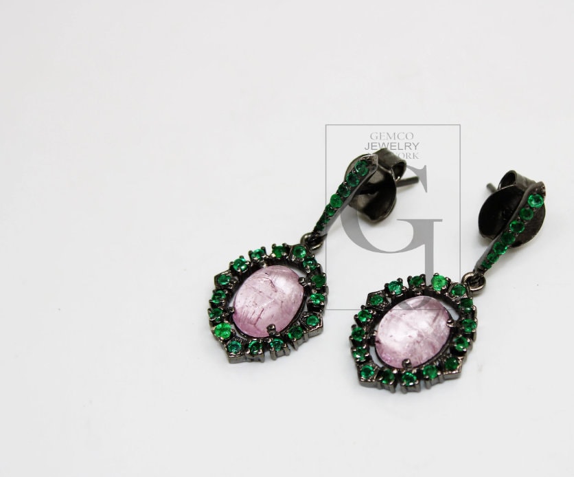 Tourmaline Earring Designer Earring Rosecut Pave Emerald Earrings 925 Sterling Silver Handmade Silver Finish Emerald Earring