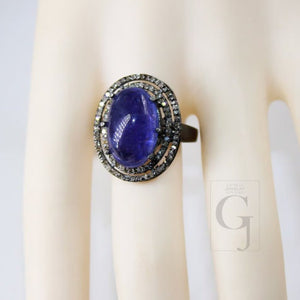 Antique Look Designer Natural Tanzanite Ring Rosecut Pave Diamond Rings 925 Sterling Silver Handmade Silver Finish Diamond Ring Jewelry