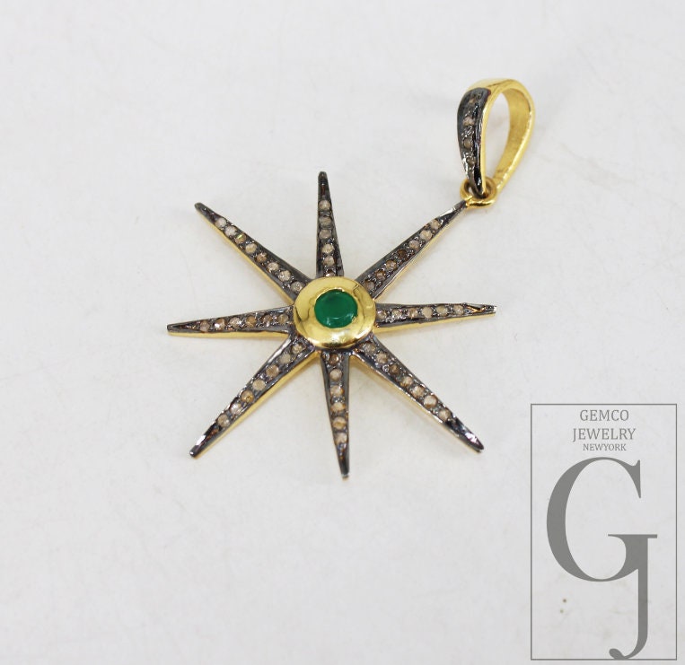 Starburst emerald pendant Pave diamond rosecut pendant 925 sterling silver pendant handmade pendant Diamond Star Rose Cut Charm pendant
