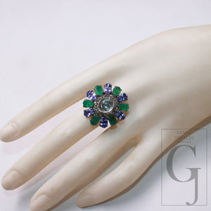 Aquamarine Emerald And Tanzanite Ring Designer Rosecut Pave Diamond Rings 925 Sterling Silver Handmade Silver Finish Diamond Ring Jewelry