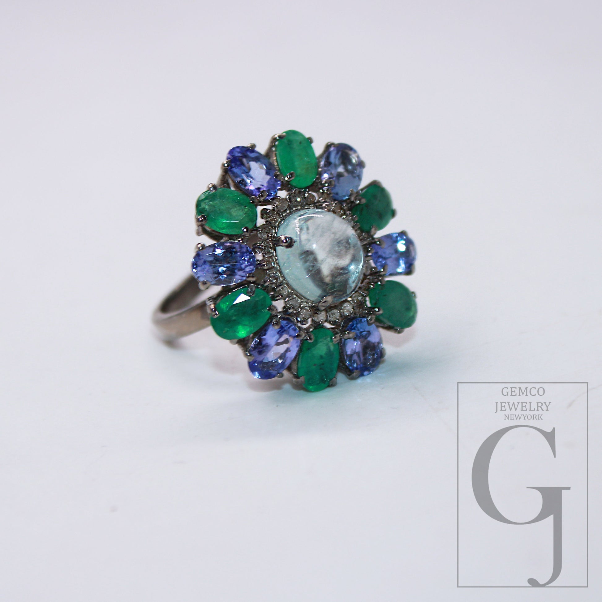 Aquamarine Emerald And Tanzanite Ring Designer Rosecut Pave Diamond Rings 925 Sterling Silver Handmade Silver Finish Diamond Ring Jewelry