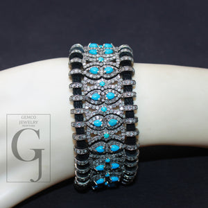 Turquoise Stone Thread Bracelet Rosecut Pave Diamond Thread Bangle Bracelet Sterling Silver Handmade Finish Diamond Bangle Bracelet Jewelry