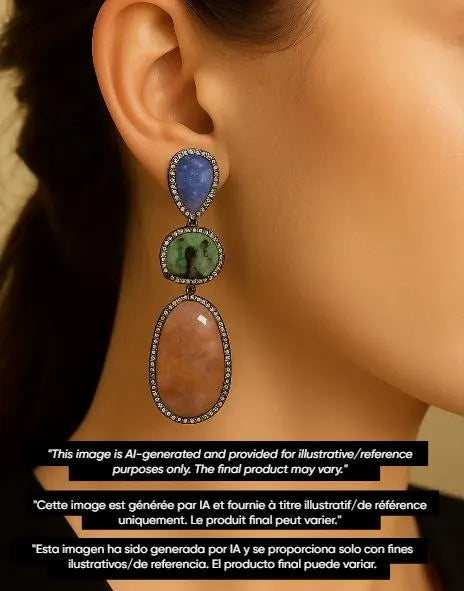 Natural Tanzanite, Emerald & Pink Sapphire Dangle Earrings With Pave Diamond In 925 Sterling Silver, Handmade Finish Earrings