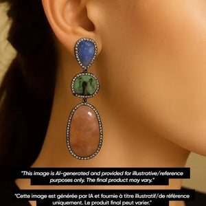 Natural Tanzanite, Emerald & Pink Sapphire Dangle Earrings With Pave Diamond In 925 Sterling Silver, Handmade Finish Earrings