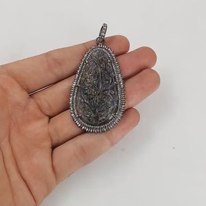 Carving Labradorite Baguette Diamond Pendant Rosecut Pave Diamond Pendant 925 Sterling Silver Handmade Finish Diamond Charm Necklace Pendant