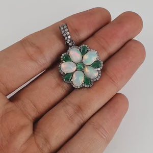 Emerald Opal Designer Flower Pendant  Rosecut Pave Diamond Pendant 925 Sterling Silver Handmade Finish Diamond Charms Necklace Pendant