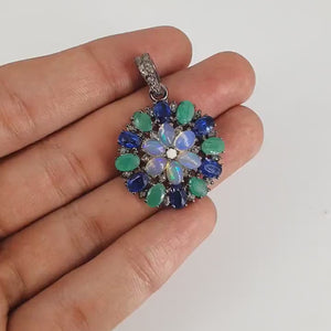 Flower Opal Emerald Kyanite Pendant Designer Rosecut Pave Diamond Pendant 925 Sterling Silver Handmade Finish Diamond Charm Necklace Pendant