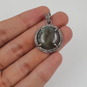 1pc Antique Round Labradorite Pendant Designer Rosecut Pave Diamond 925 Sterling Silver Handmade Finish Pendant Diamond Charm Necklace