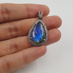 Antique Finish Blue Fire Labradorite Pendant Rosecut Pave Diamond Pendant 925 Sterling Silver Handmade Finish Diamond Charm Necklace Pendant
