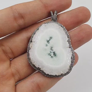 White SOLAR Agate Pendant Druzy Agate Slice Rosecut Pave Diamond Pendant 925 Sterling Silver Handmade Finish Diamond Charm Necklace Pendant