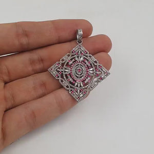 Pink sapphire pendant baguette diamond pendant Rosecut pave diamond pendant sterling silver handmade finish design diamond pendant jewelry