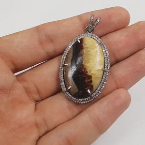 34.10ct Septarian Jasper Pendant Gemstone Designer Rosecut Pave Diamond Pendant 925 Sterling Silver Handmade Finish Diamond Necklace Pendant