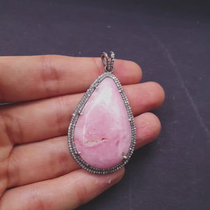1Pcs Beautiful Pink Opal Pendant Necklace Rose Cut Pave Diamond 925 Sterling Silver Handmade Finish Pave Diamond Charm Pendant Necklace
