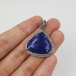 1pc Beautiful Designer Lapis Pendant Rosecut Pave Diamond Pendant 925 Sterling Silver Handmade Finish Diamond Charm Necklace Pendant Jewelry