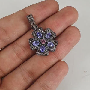 Antique Look Tanzanite Flower Pendant Designer Rosecut Pave Diamond Pendant 925 Sterling Silver Handmade Finish Diamond Necklace Pendant