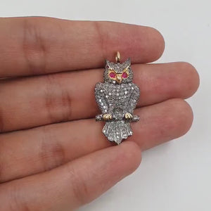 1pc Animal Figure Golden Owl Shaped Pendant Pave Diamond Rosecut Pendant 925 Sterling Silver Pendant Handmade Diamond Pendant Charm Jewelry