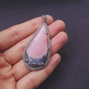 Beautiful Pink Opal Stone Pendant Rose Cut Pave Diamond Pendant 925 Sterling Silver Handmade Finish Pendant Pave Diamond Pendant Jewelry