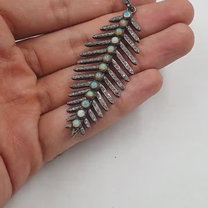 Oxidized Antique Leaf Design Opal Stone Pendant Pave Diamond Rosecut Pendant 925 Sterling Silver Pendant Handmade Diamond Pendant Jewelry