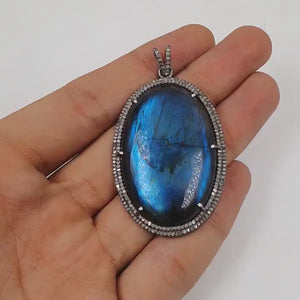 1pc Oxidized Designer Labradorite Pendant Rosecut Pave Diamond Pendant 925 Sterling Silver Handmade Finish Diamond Charms Necklace Pendant