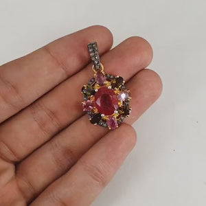 14k Finish Multi Tourmaline Ruby Pendant Designer Rosecut Pave Diamond Pendant Sterling 925 Silver Handmade Finish Diamond Necklace Pendant